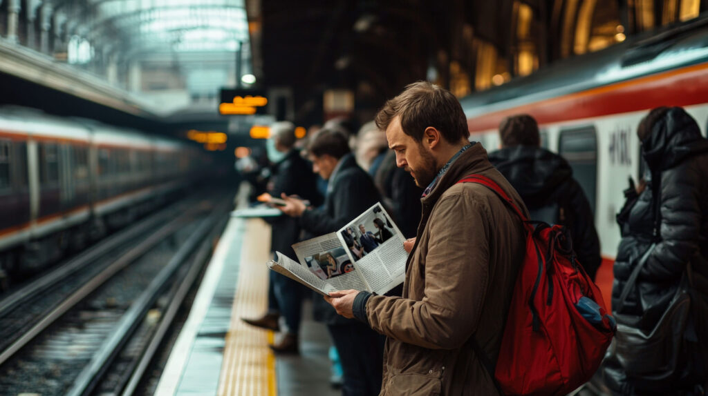 Commuters on a busy train platform during rush hour, some reading newspapers